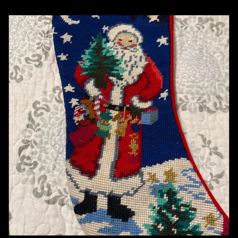 Vintage Needlepoint Wool Santa Claus Christmas Stocking Velvet Backing